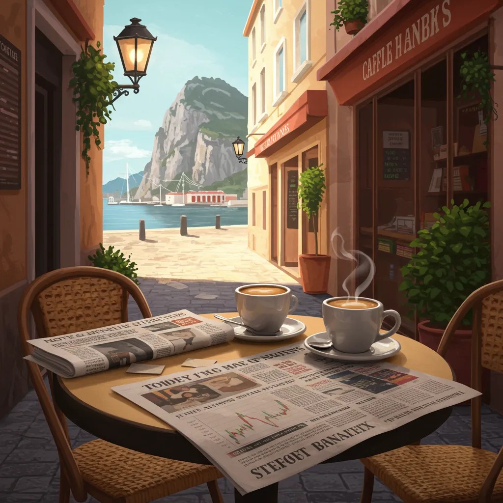 Coffee and newspapers at a Gibraltar cafe overlooking the Rock