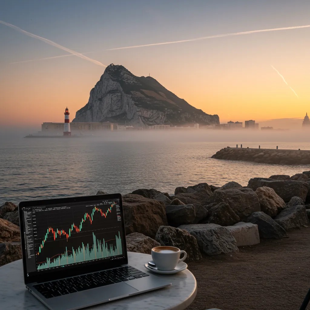 Markets on a laptop beside coffee and the Rock of Gibraltar at sunrise