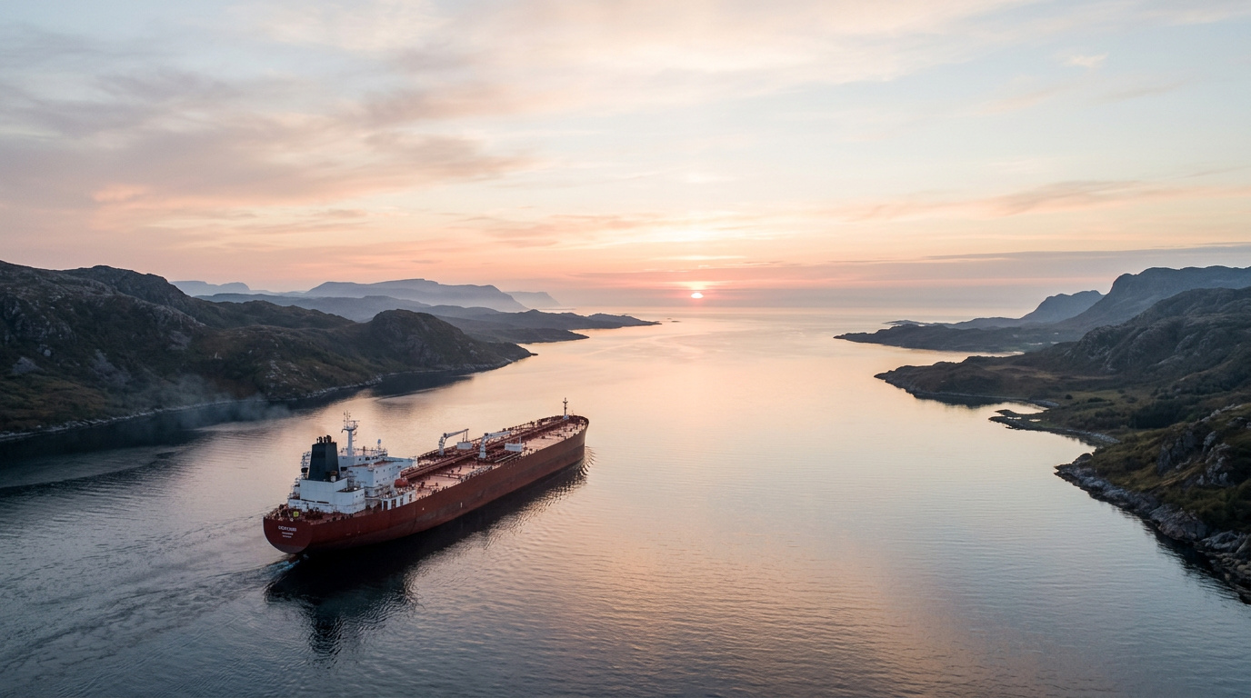Ed's World Market Insights Week 11 feature image showing an oil tanker moving through a narrow coastal strait at sunrise