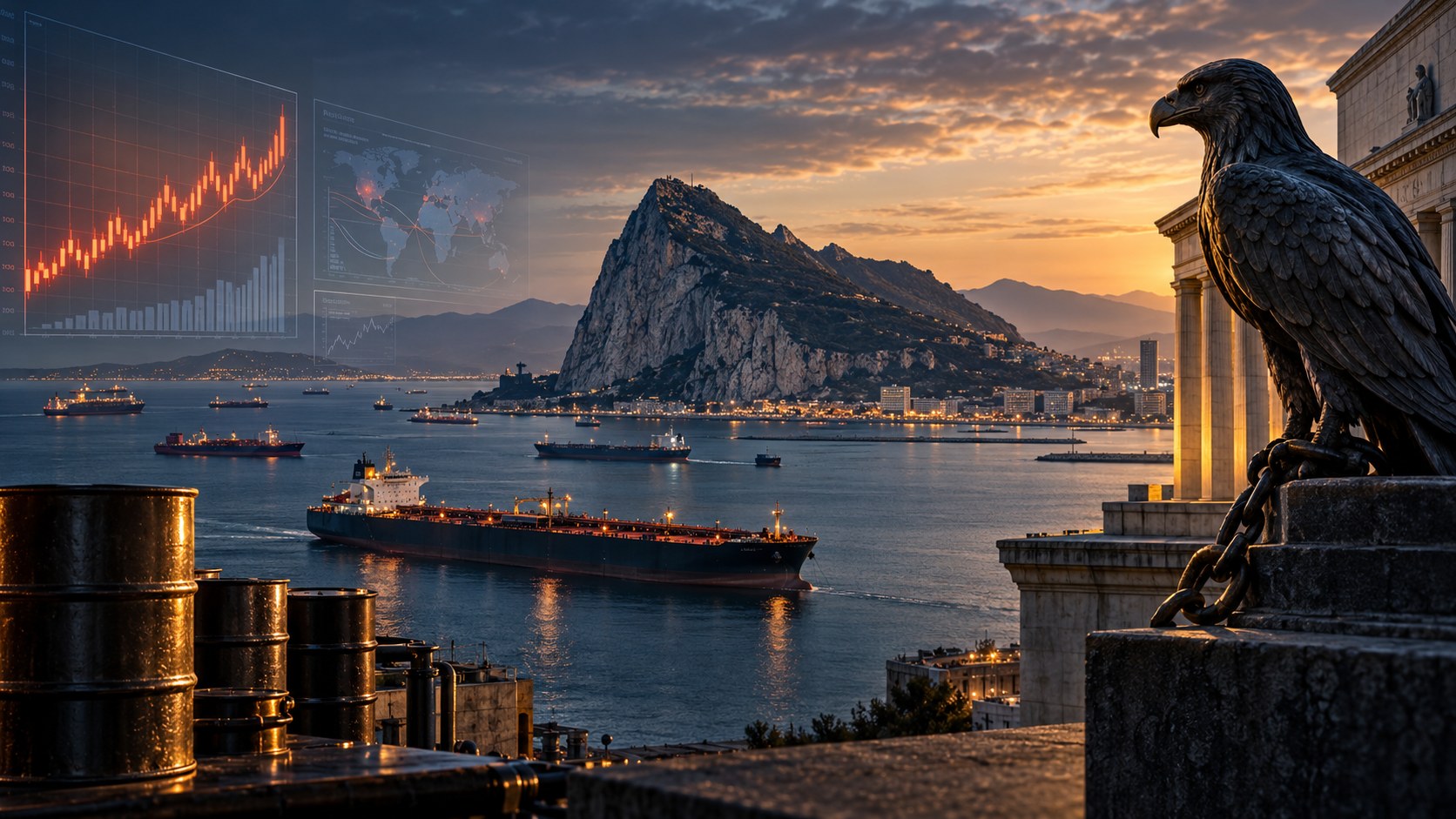 Ed's World Market Insights Week 20 feature image showing Gibraltar, global shipping, oil and financial market pressure