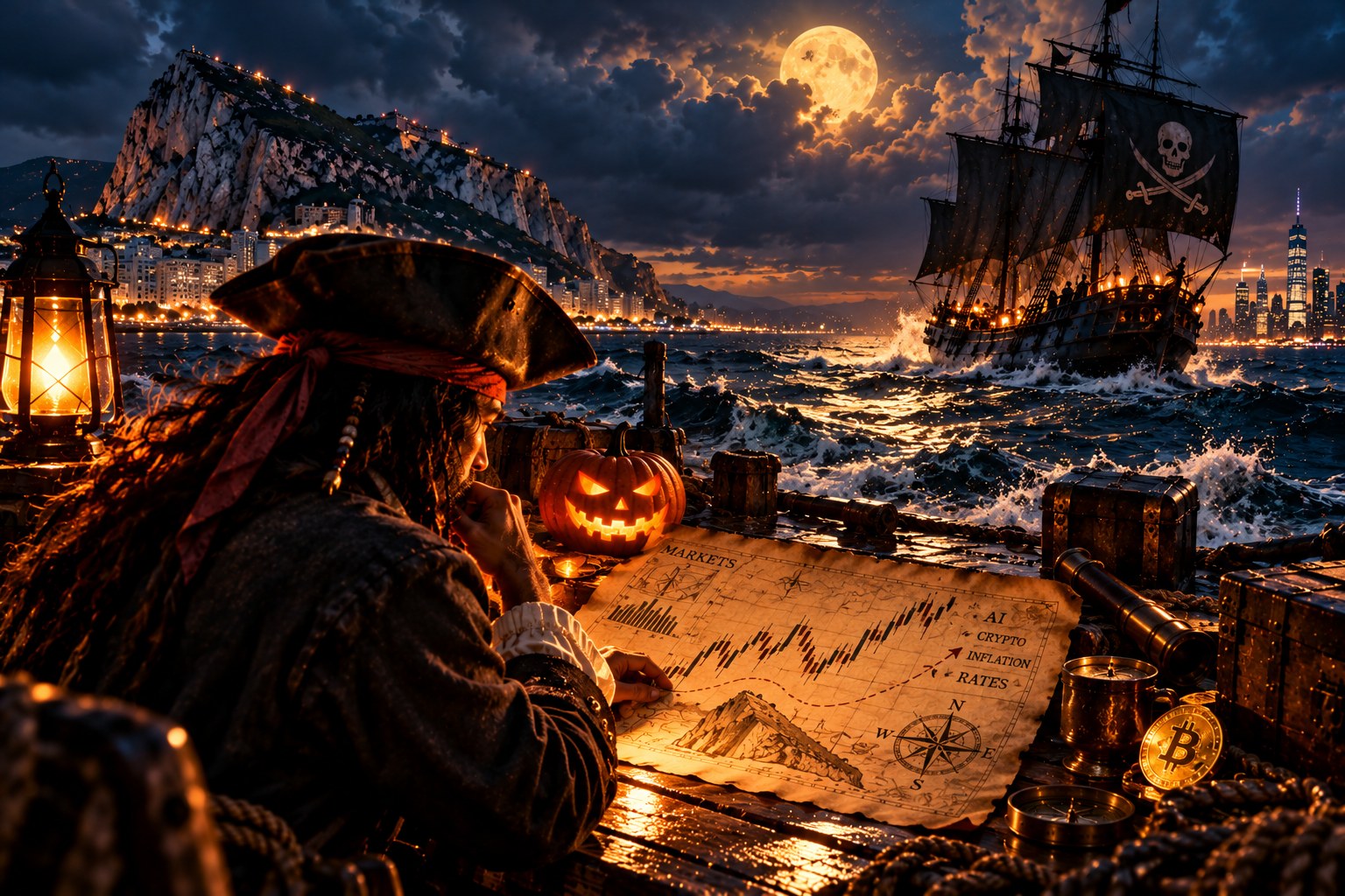 Week 44 feature image: pirate captain studies markets off Gibraltar